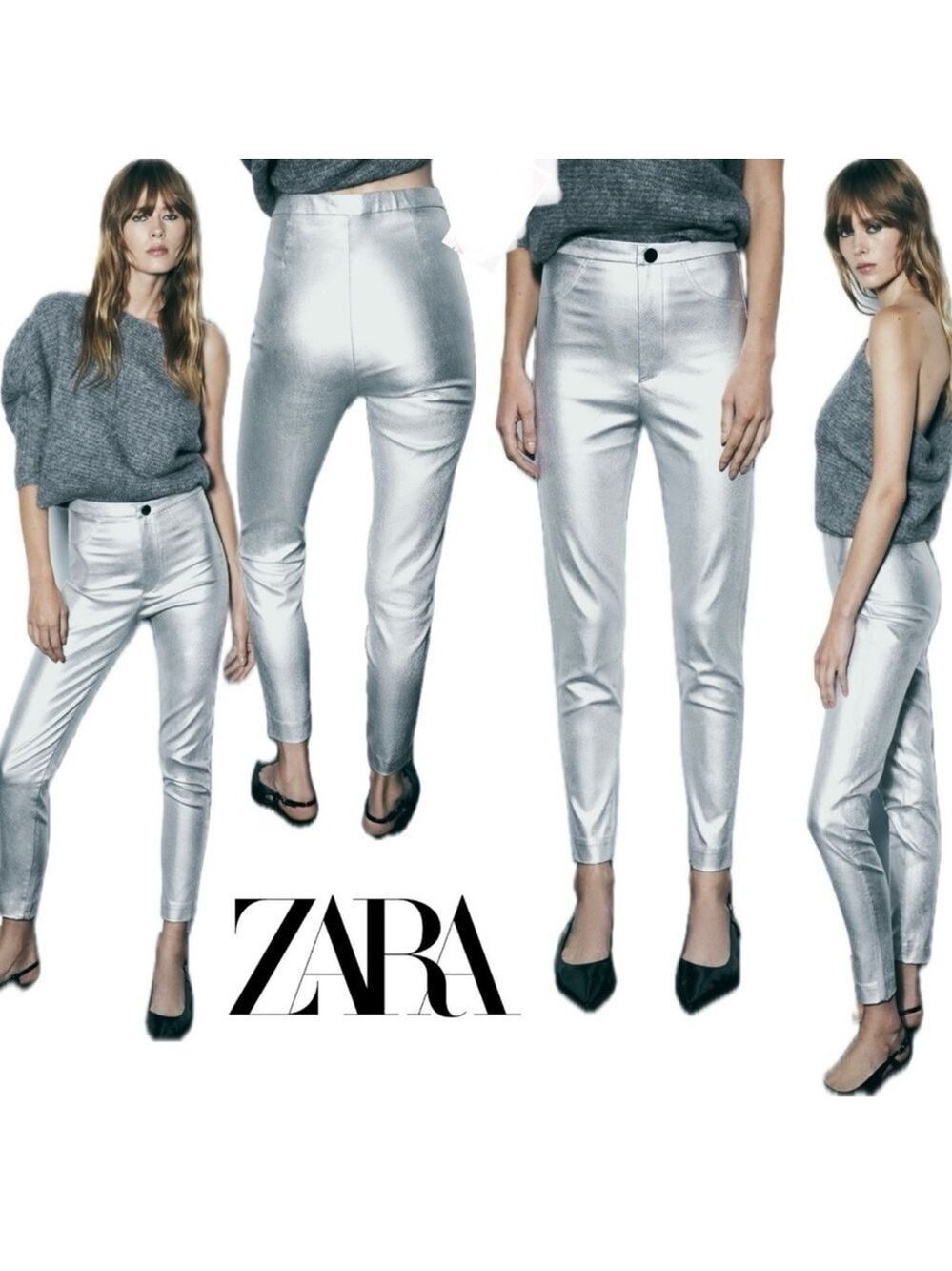 Zara metallic silver liquid foil mid rise slim fit leggings pants Sz XS NWT